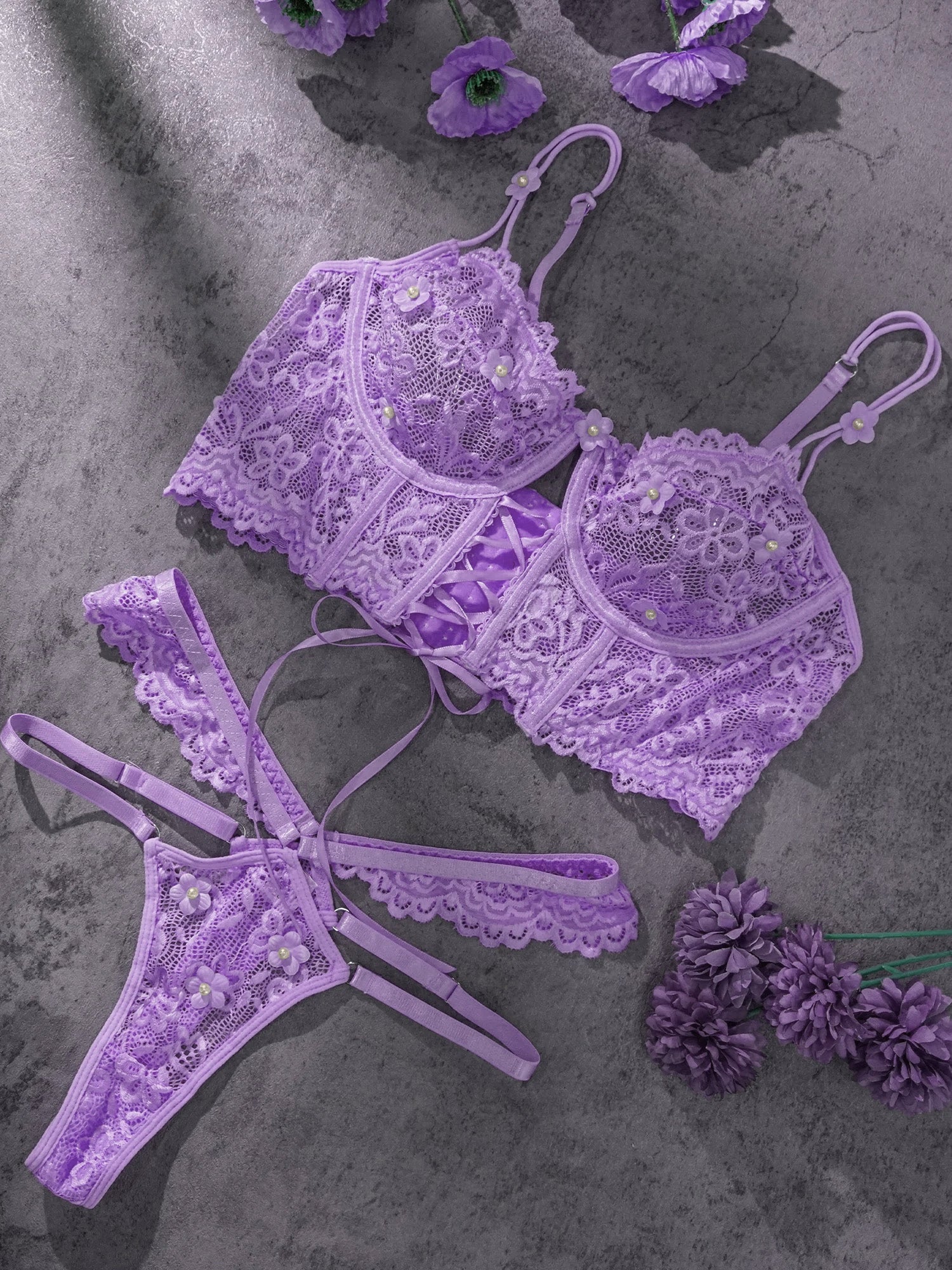 Lavender Pearl 3D Floral Lingerie Set With Lace Bralette Hello.LA.Girl