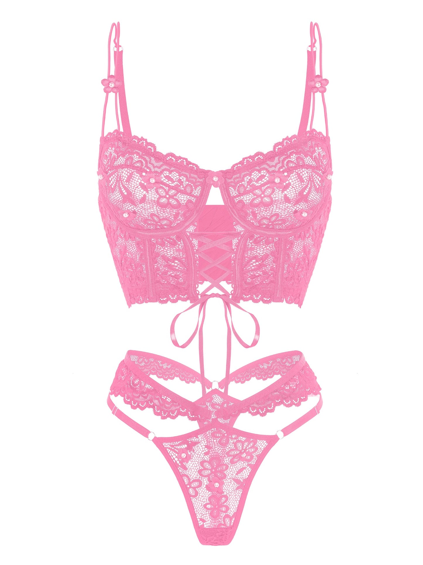 Pink Pearls Small Flower Lace Lingerie Set for Women