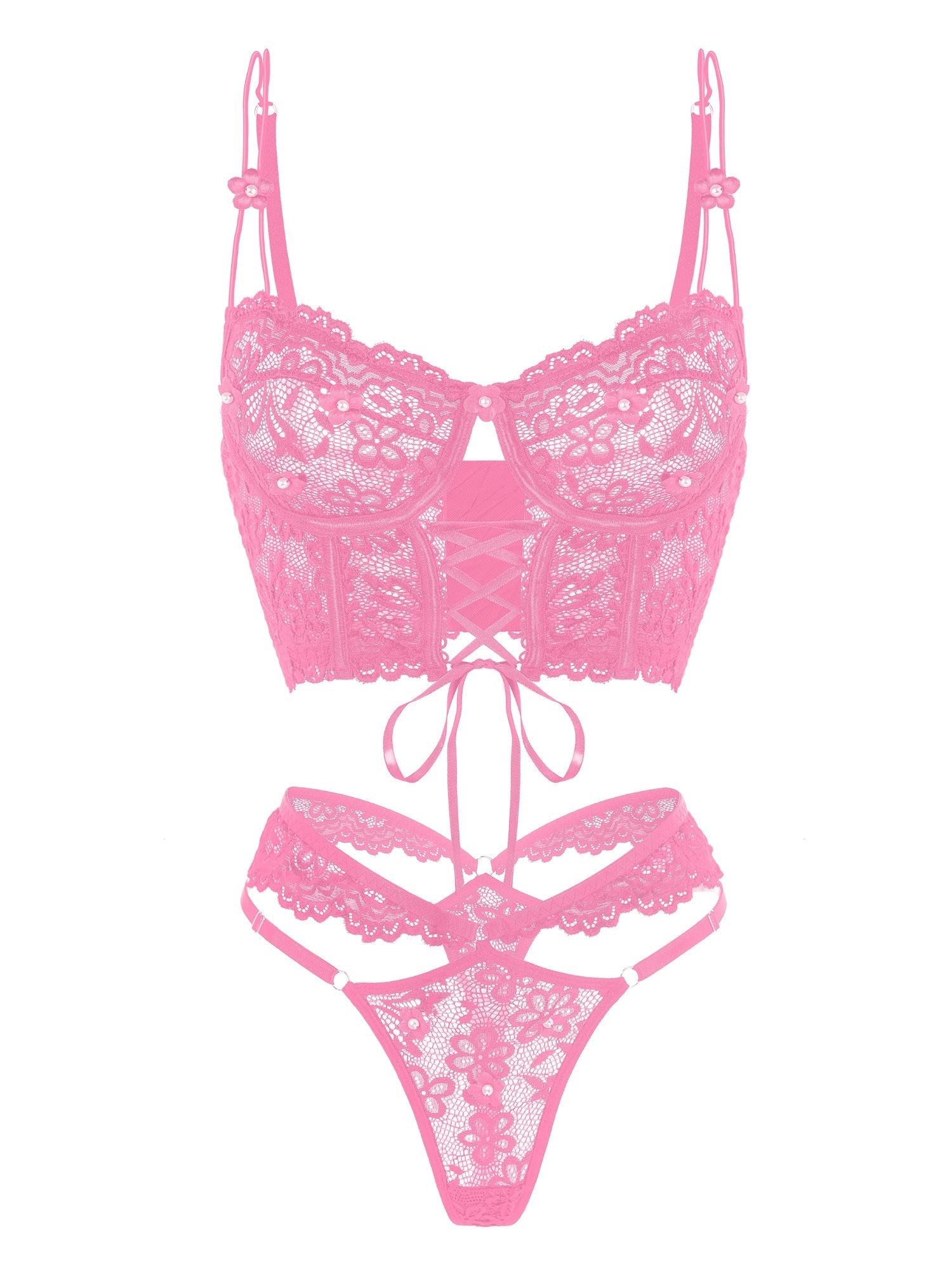 Pink Pearls Floral Lace Lingerie Set Delicate Embroidery Hello.LA.Girl