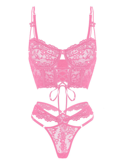 Pink Pearls Small Flower Lace Lingerie Set for Women