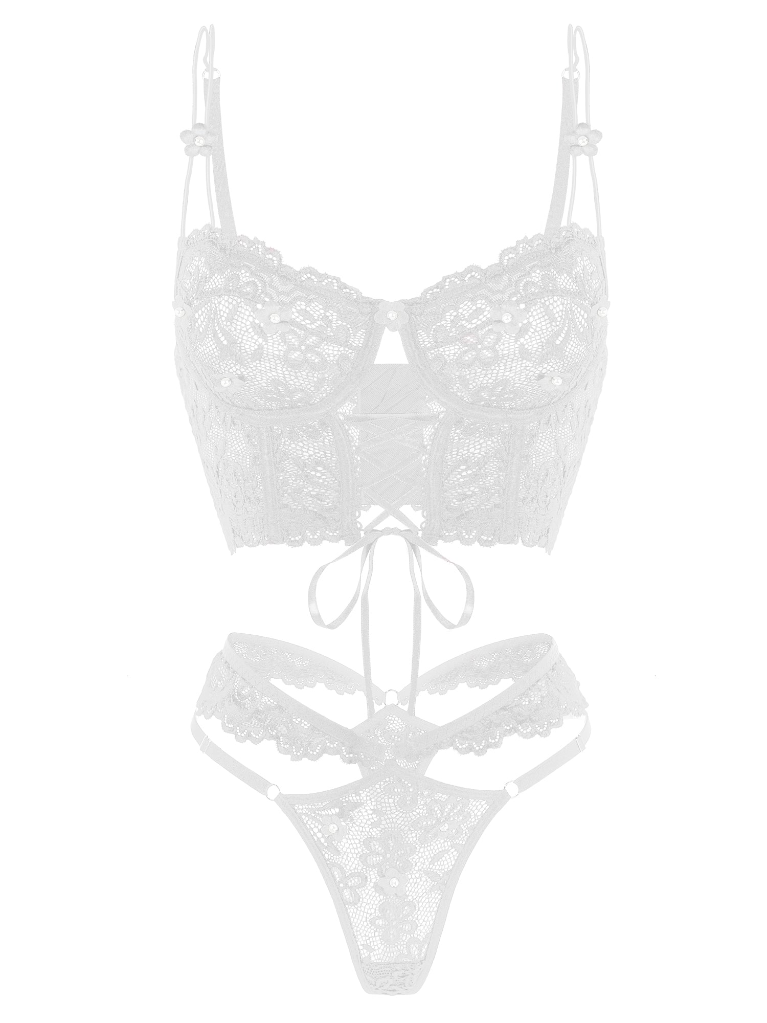 White Pearls Small Flower Lace Lingerie Set Hello.LA.Girl