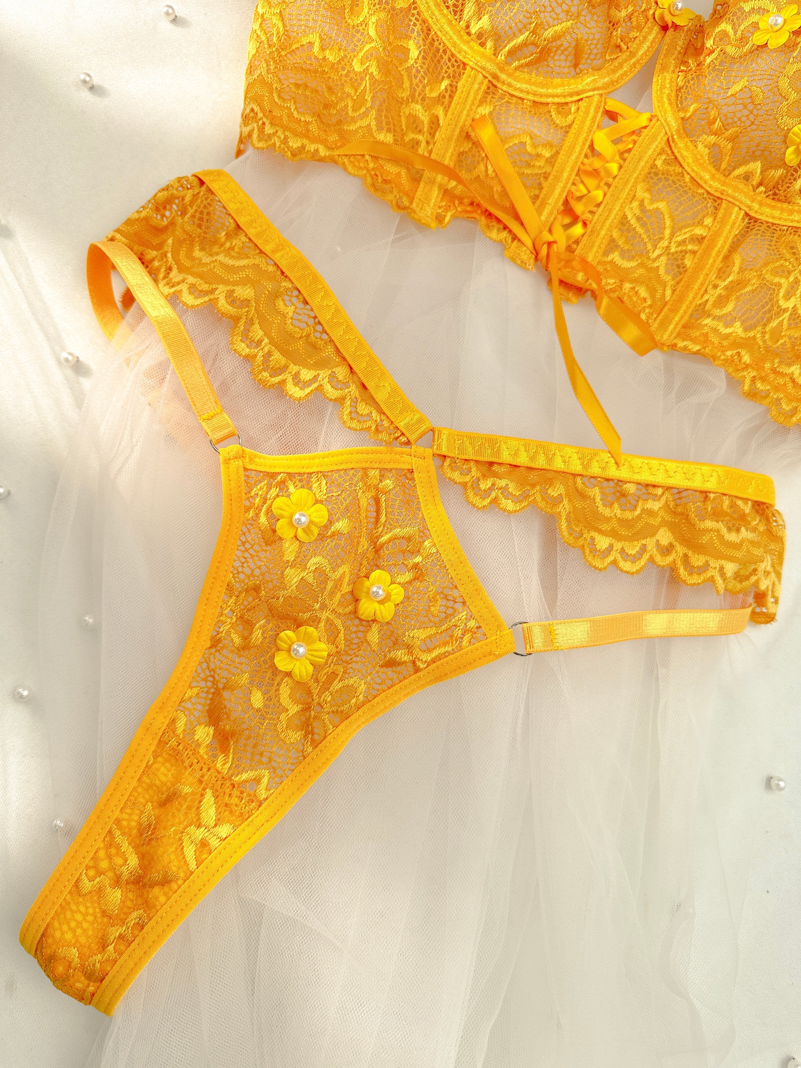 Yellow Pearls Small Flower Lace Lingerie Set For Women Hello.LA.Girl