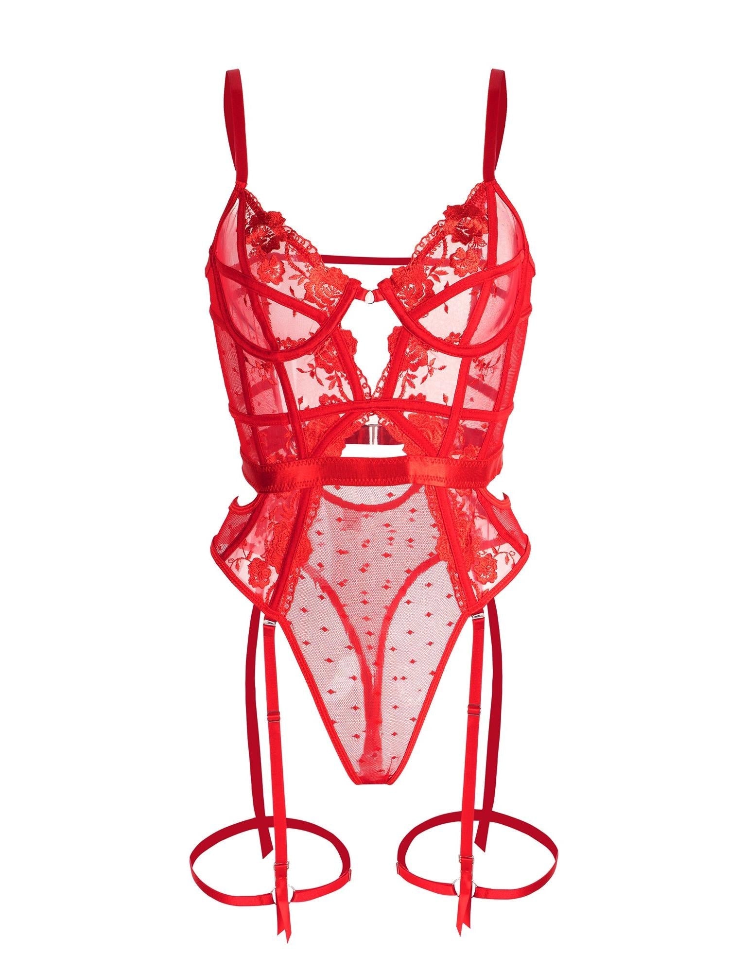 Red Solid Elegant Embroidered Lace Bodysuit Garter Straps Hello.LA.Girl