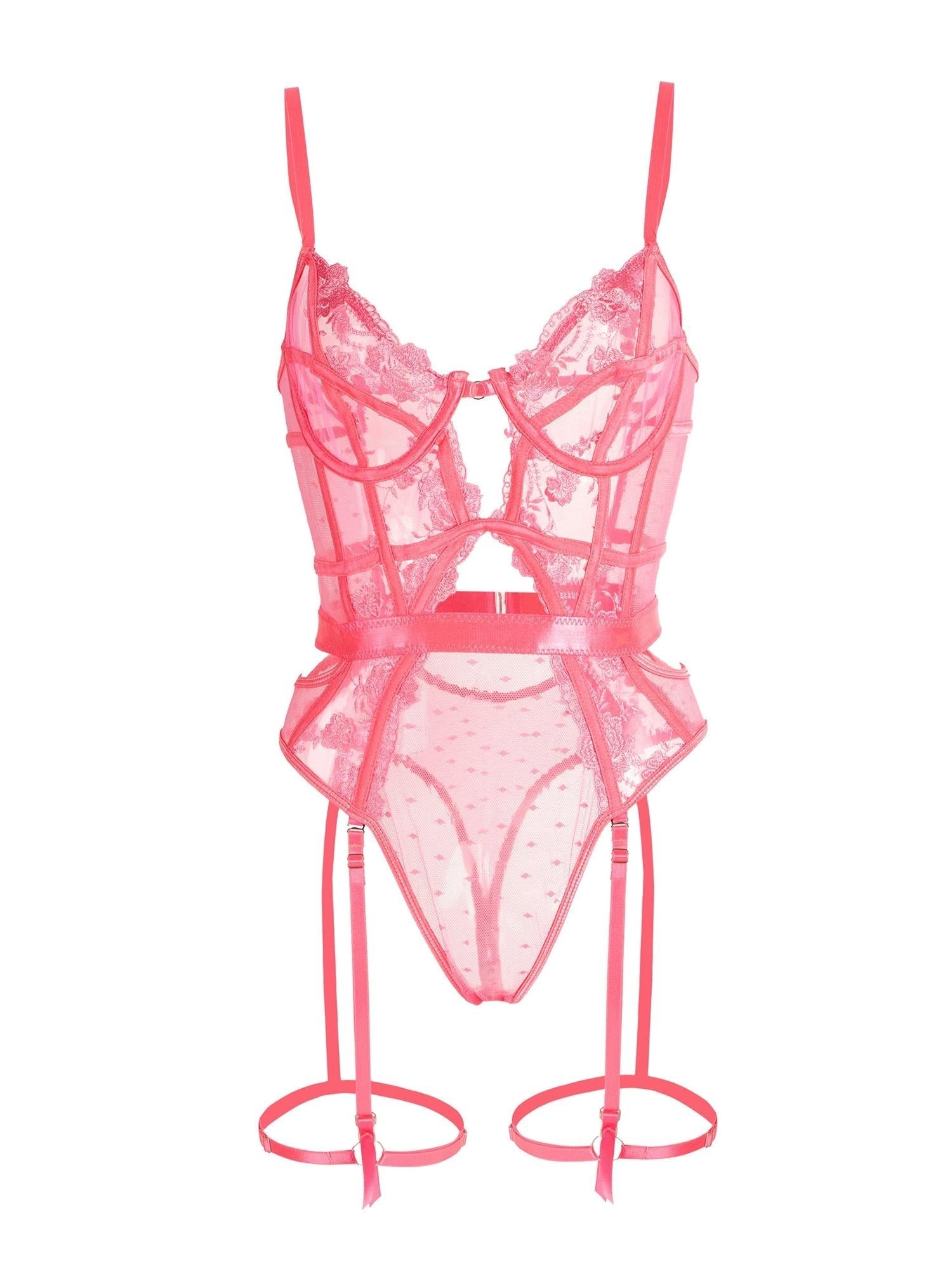Pink Solid Elegant Embroidered Lace Bodysuit Hello.LA.Girl