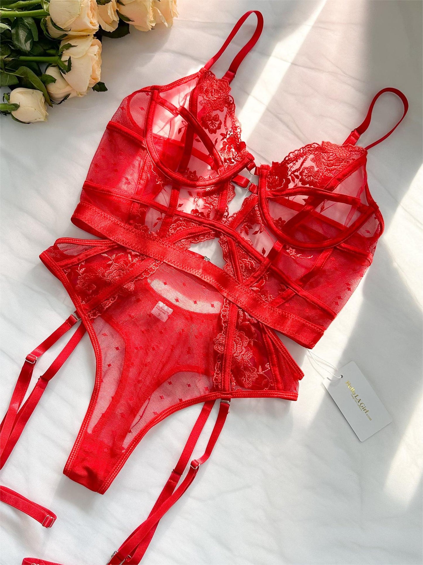 Red Solid Elegant Embroidered Lace Bodysuit for Women