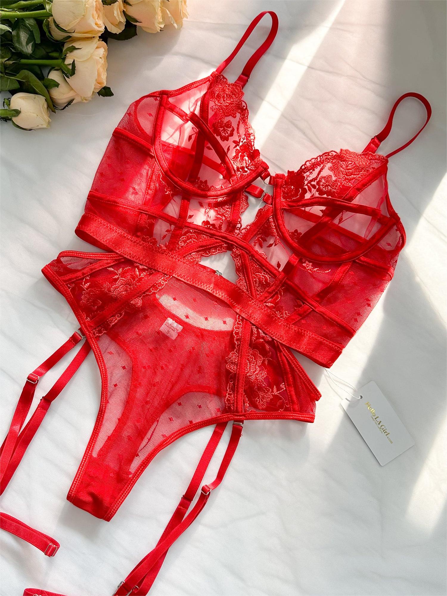 Red Solid Elegant Embroidered Lace Bodysuit Garter Straps Hello.LA.Girl
