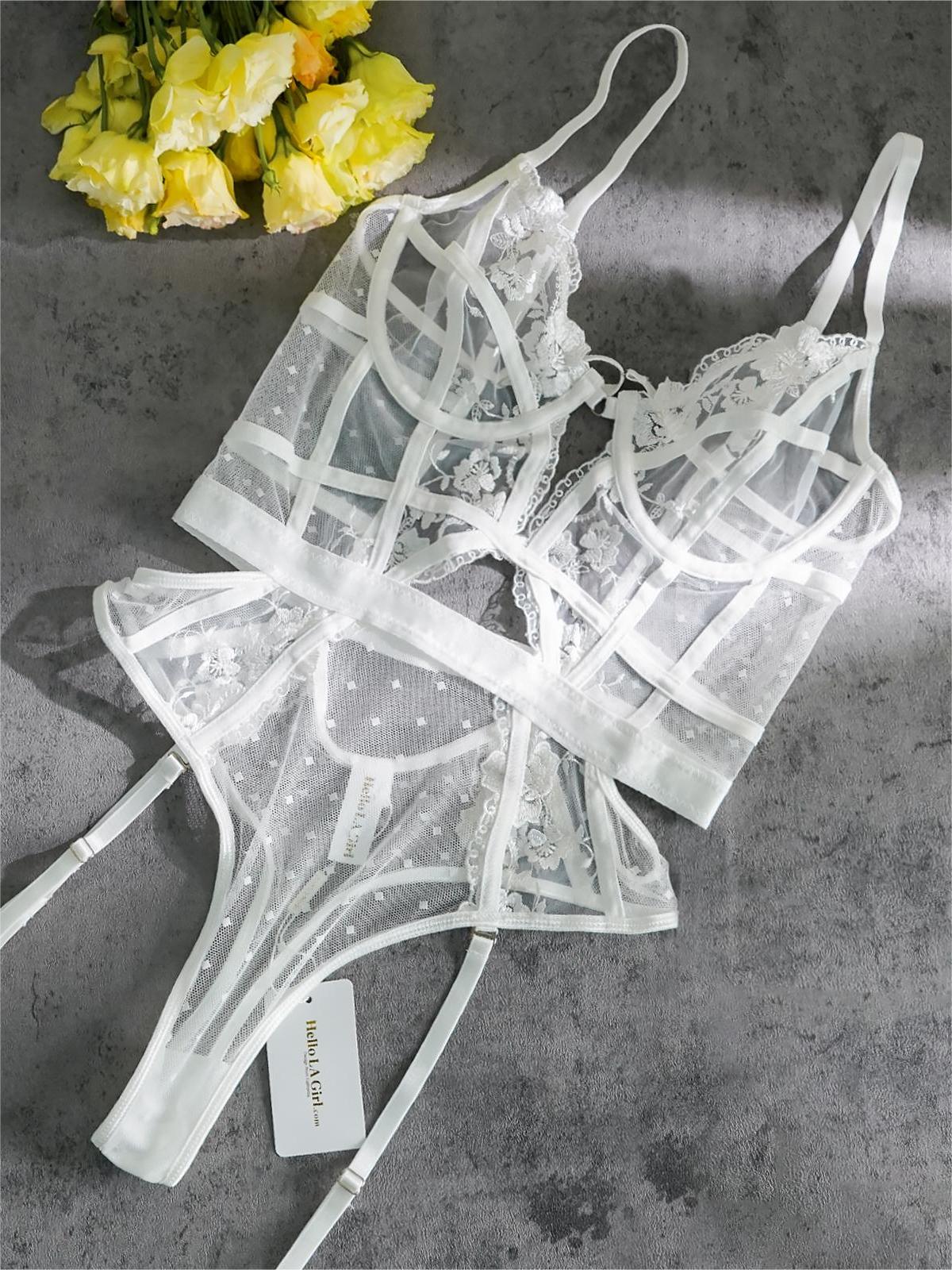 White Solid Elegant Embroidered Lace Bodysuit For Nightwear Hello.LA.Girl