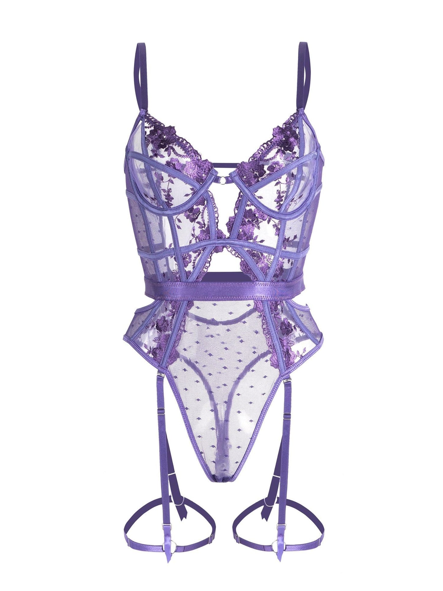 Purple Solid Elegant Embroidered Lace Bodysuit for Women