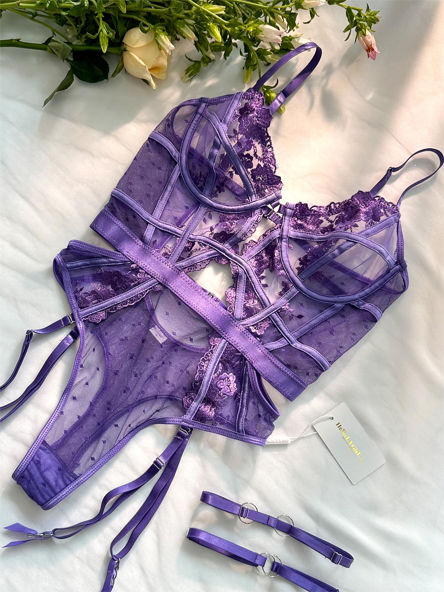 Purple Solid Elegant Embroidered Lace Bodysuit Lingerie Hello.LA.Girl
