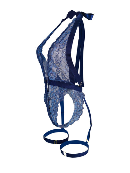 Blue Sexy Lace Suspenders Shapewear Bodysuit for Elegance