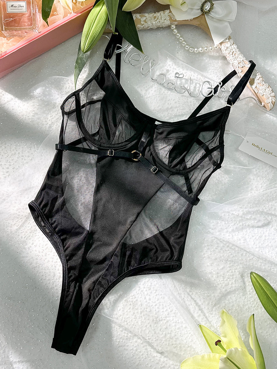 Black Stitching Hollow Halter Neck Sexy Backless Bodysuit Hello.LA.Girl