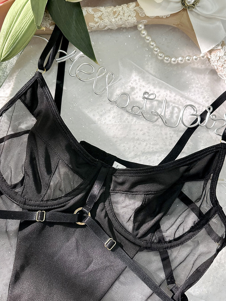 Black Stitching Hollow Halter Neck Sexy Backless Bodysuit Hello.LA.Girl