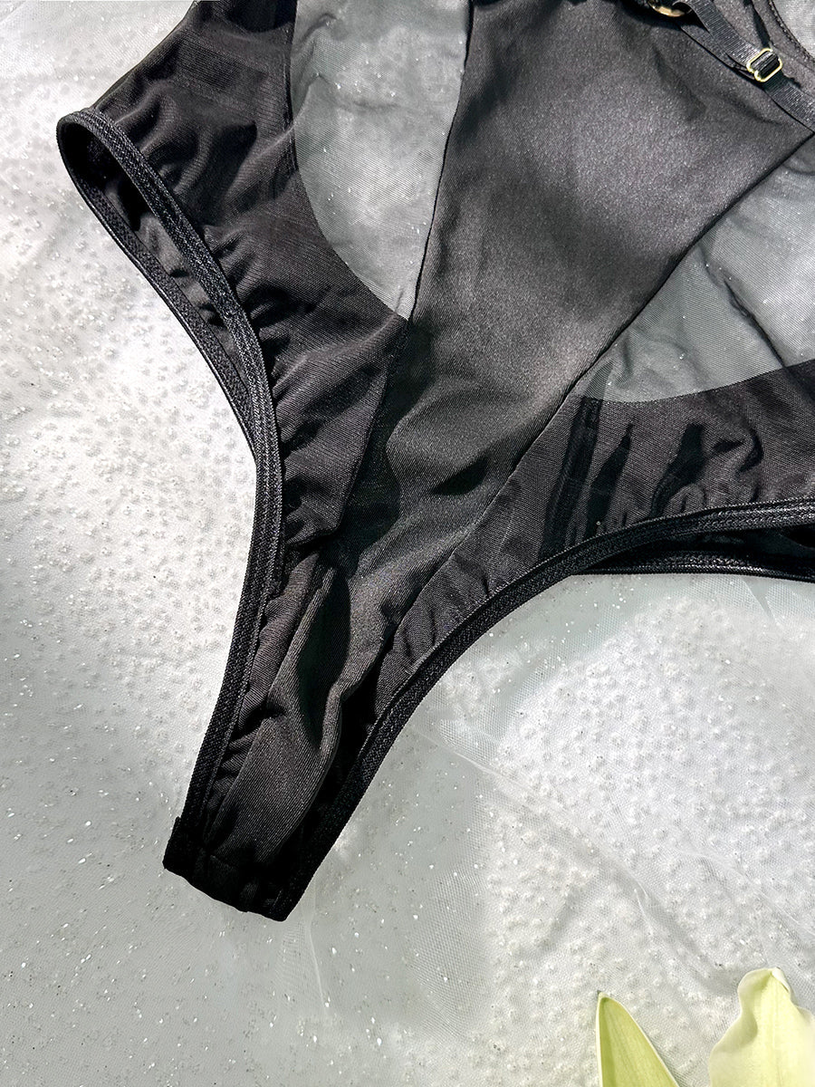 Black Stitching Hollow Halter Neck Sexy Backless Bodysuit Hello.LA.Girl