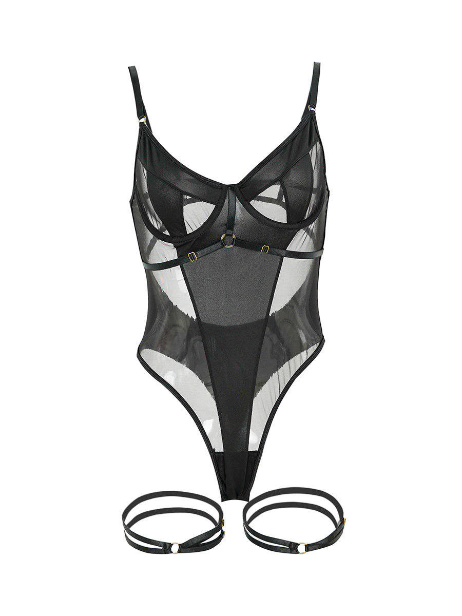 Black Stitching Hollow Halter Neck Sexy Backless Bodysuit Hello.LA.Girl