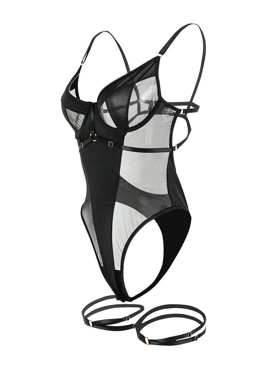 Black Stitching Hollow Halter Neck Sexy Backless Bodysuit Hello.LA.Girl