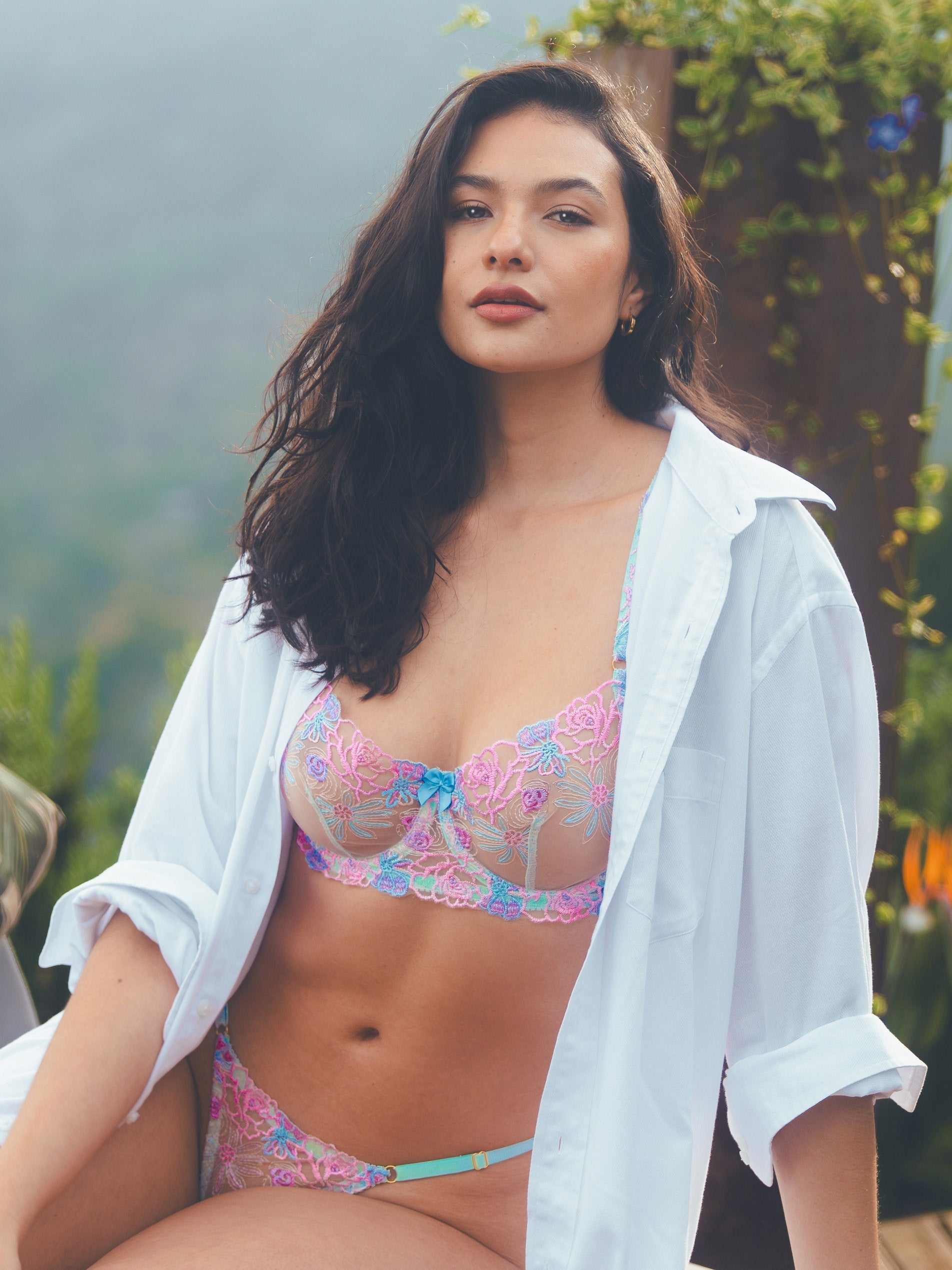 Blue Butterfly Bow Colorful Embroidered Flower Lingerie Set Hello.LA.Girl