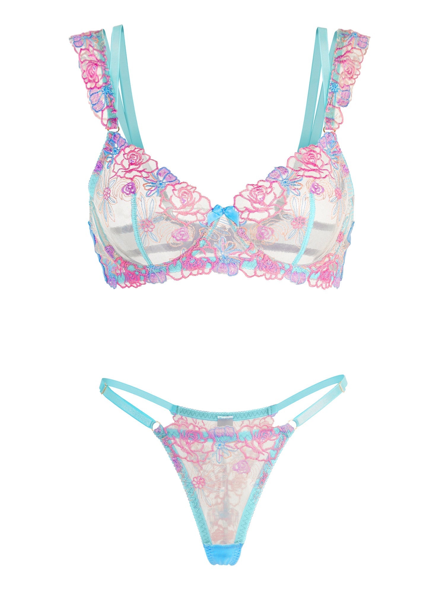 Blue Butterfly Bow Colorful Embroidered Flower Lingerie Set Hello.LA.Girl