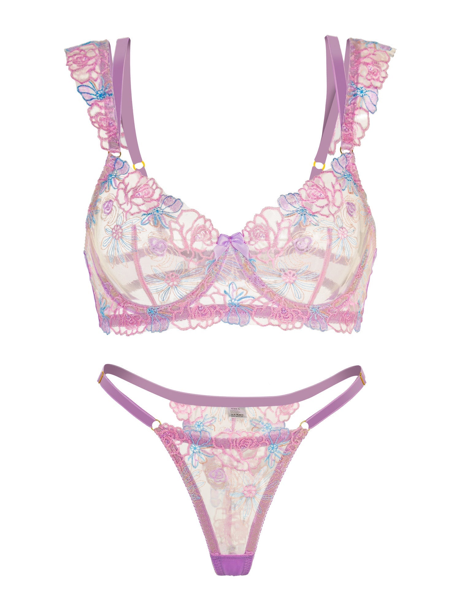 Purple Butterfly Bow Embroidered Flower Lingerie Set Hello.LA.Girl