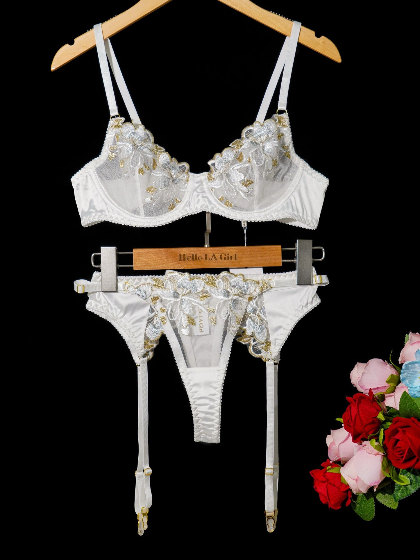 White & Gold Thread Embroidered Lingerie Set for Elegance