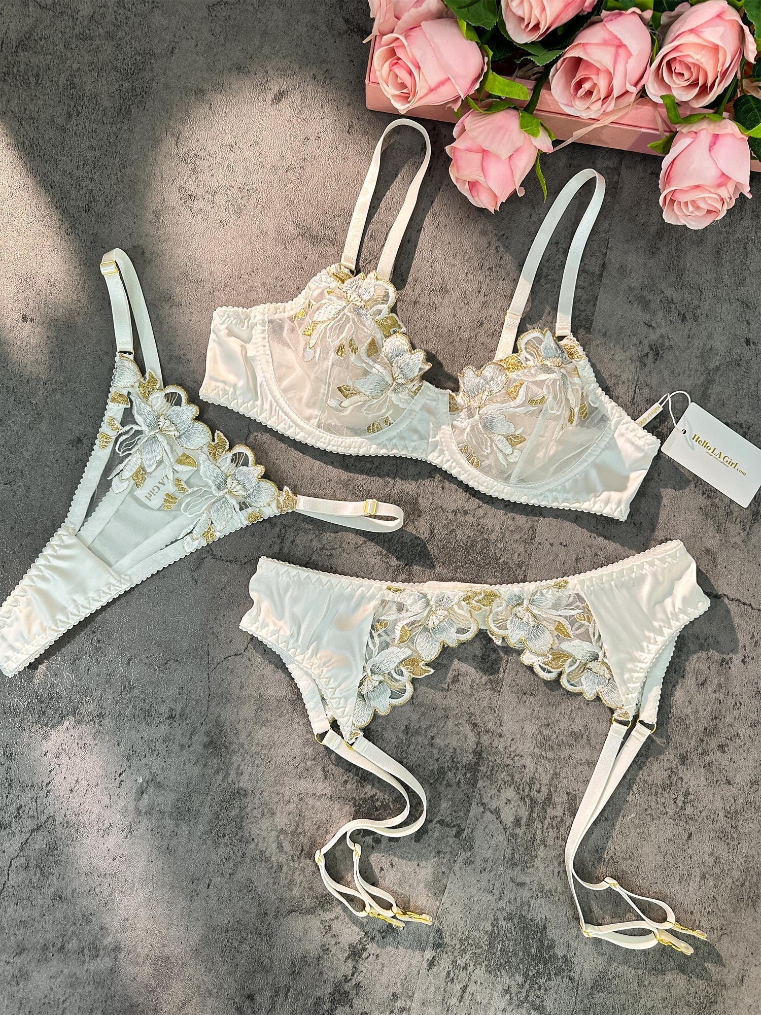 White Gold Thread Embroidered Lingerie Set For Women Hello.LA.Girl