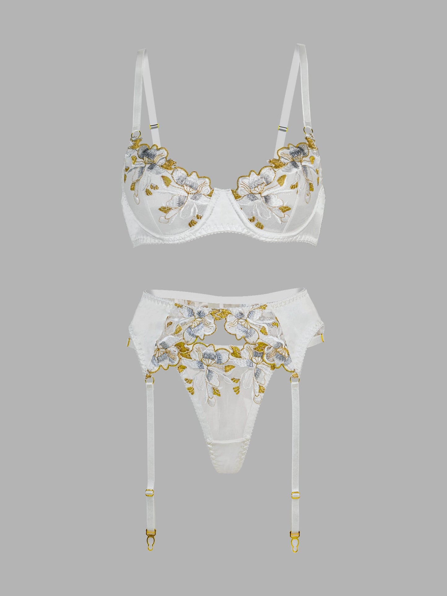 White & Gold Thread Embroidered Lingerie Set for Elegance