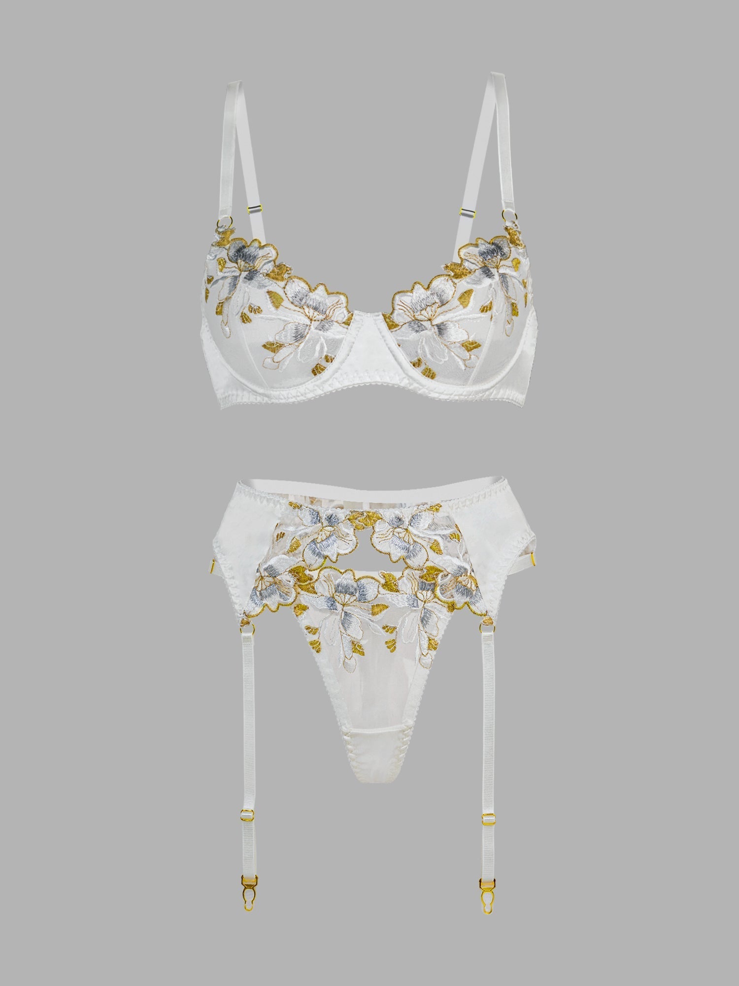 White Gold Thread Embroidered Lingerie Set For Women Hello.LA.Girl
