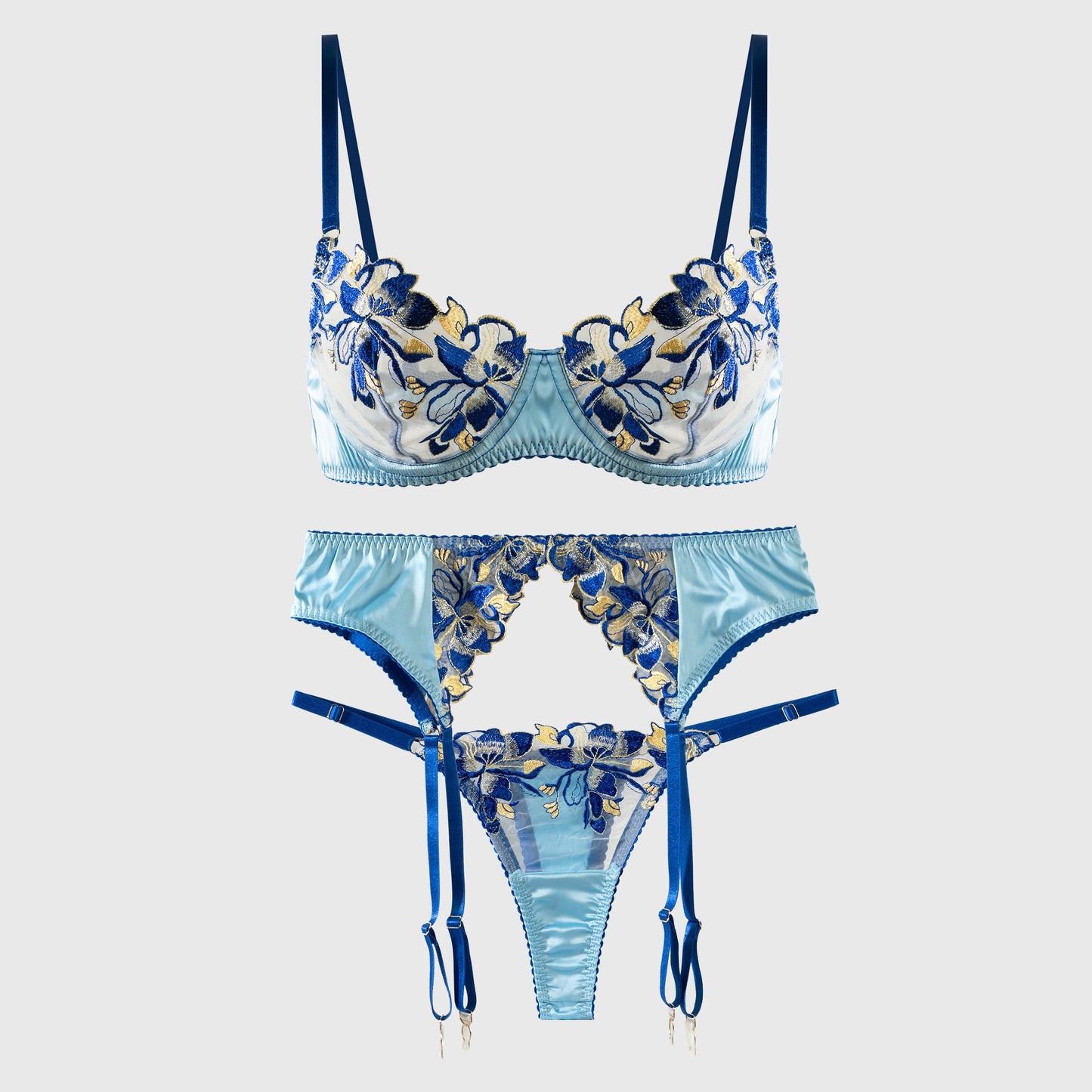 Fresh Blue Satin Embroidered Lingerie Set for Women