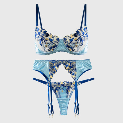 Fresh Blue Satin Embroidered Lingerie Set for Women