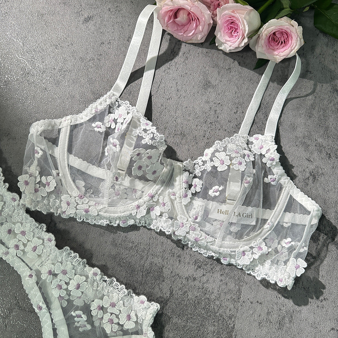 White Cherry Blossoms Sheer Lace Lingerie Set Hello.LA.Girl