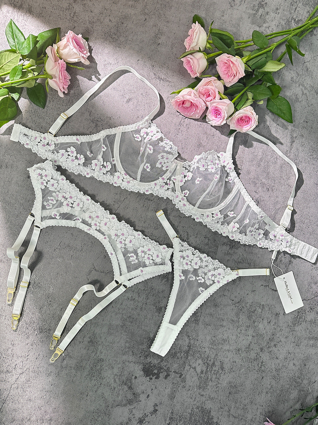 White Cherry Blossoms Sheer Lace Lingerie Set Hello.LA.Girl