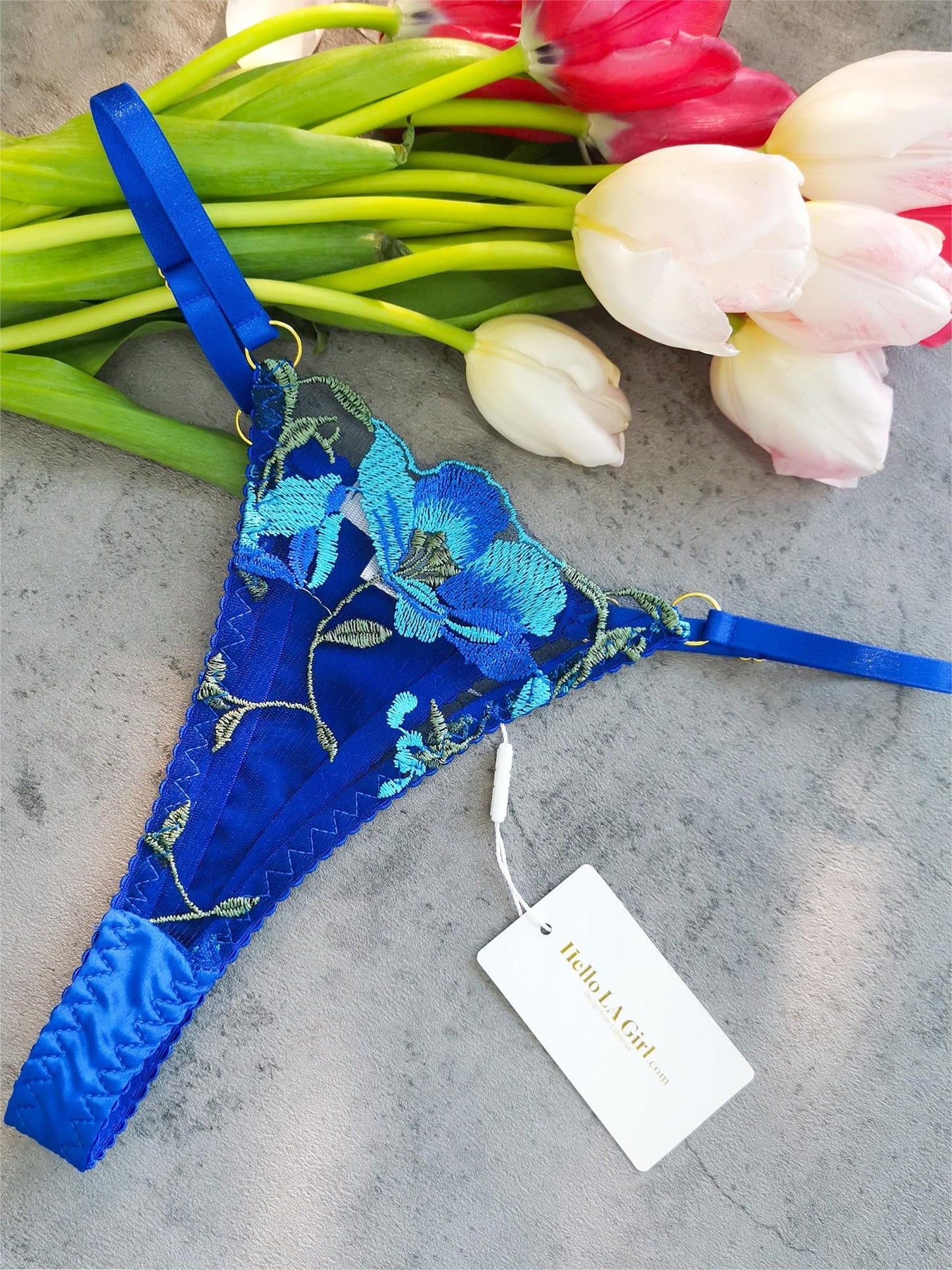 Sexy Blue Satin Floral Embroidered 3pc Lingerie Set for Women