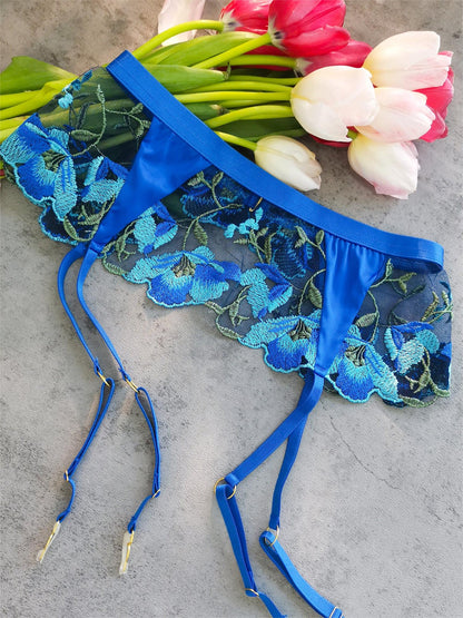 Sexy Blue Satin Floral Embroidered 3pc Lingerie Set for Women