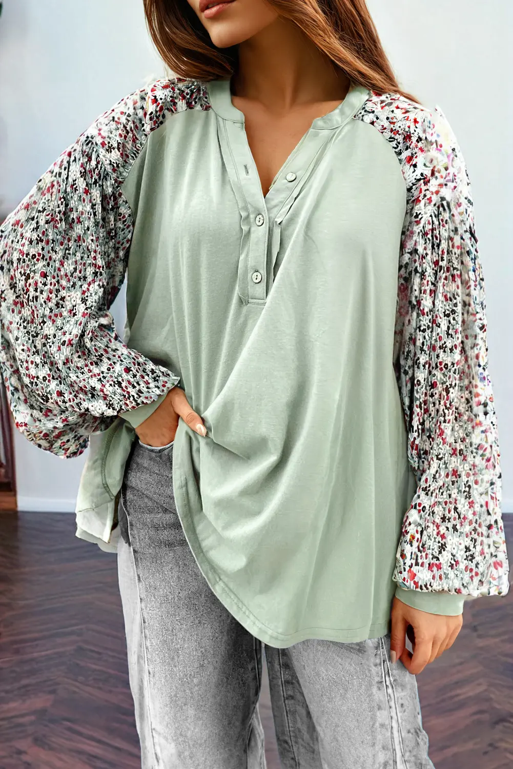 Meadow Mist Green Contrast Printed Bubble Sleeve Henley Loose Top with Slits - Love Salve 