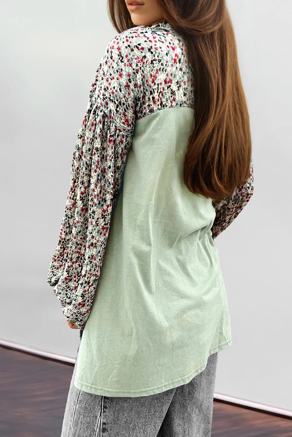 Meadow Mist Green Contrast Printed Bubble Sleeve Henley Loose Top with Slits - Love Salve 