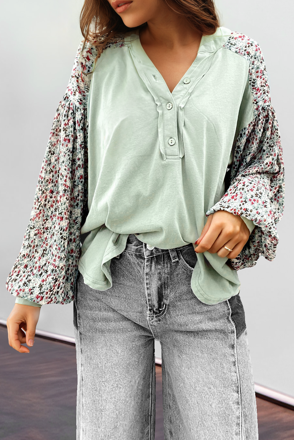 Meadow Mist Green Contrast Printed Bubble Sleeve Henley Loose Top with Slits - Love Salve 