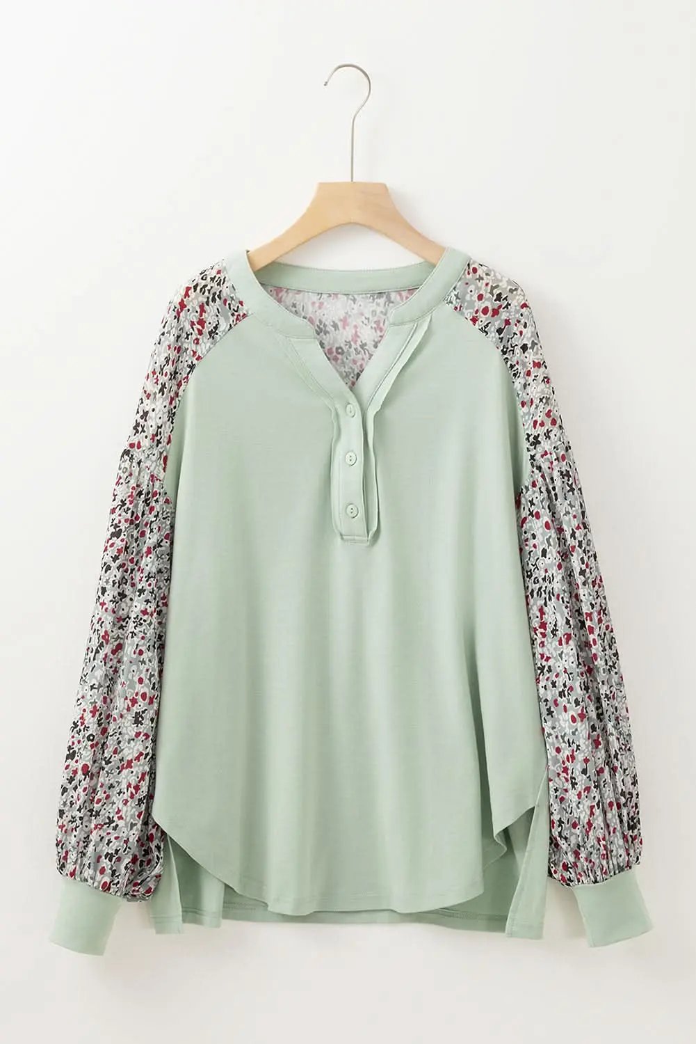 Meadow Mist Green Contrast Printed Bubble Sleeve Henley Loose Top with Slits - Love Salve 