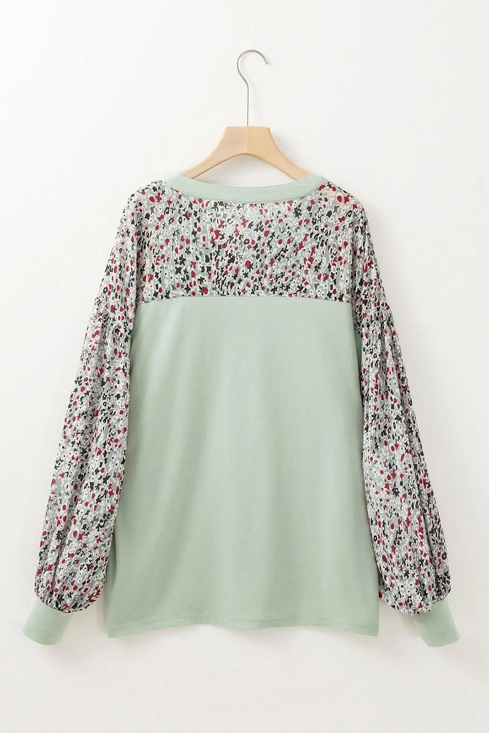 Meadow Mist Green Contrast Printed Bubble Sleeve Henley Loose Top with Slits - Love Salve 