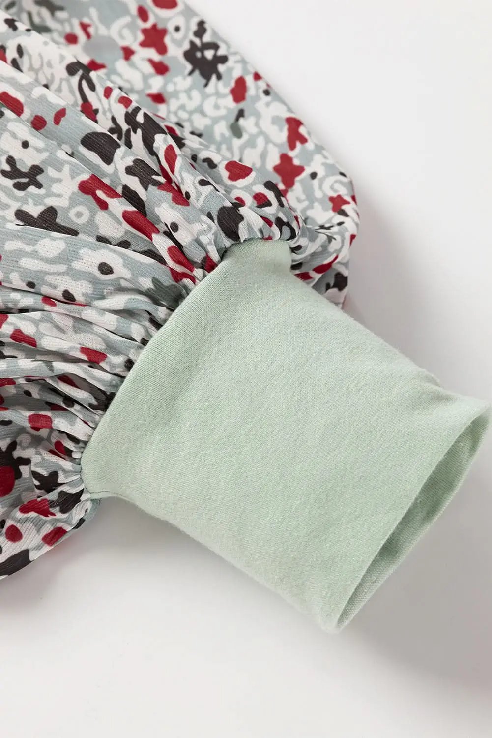 Meadow Mist Green Contrast Printed Bubble Sleeve Henley Loose Top with Slits - Love Salve 