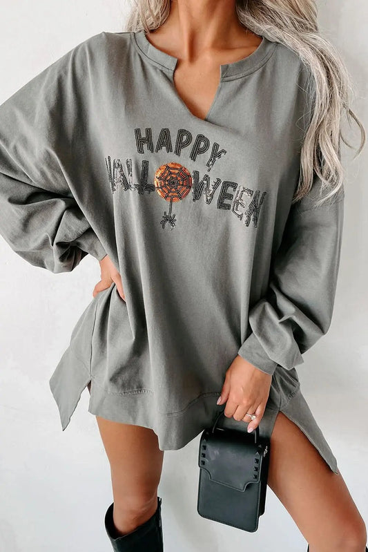 Medium Grey Sequin Happy Halloween Graphic Notched Neck Long Sleeve Loose Top - Love Salve 