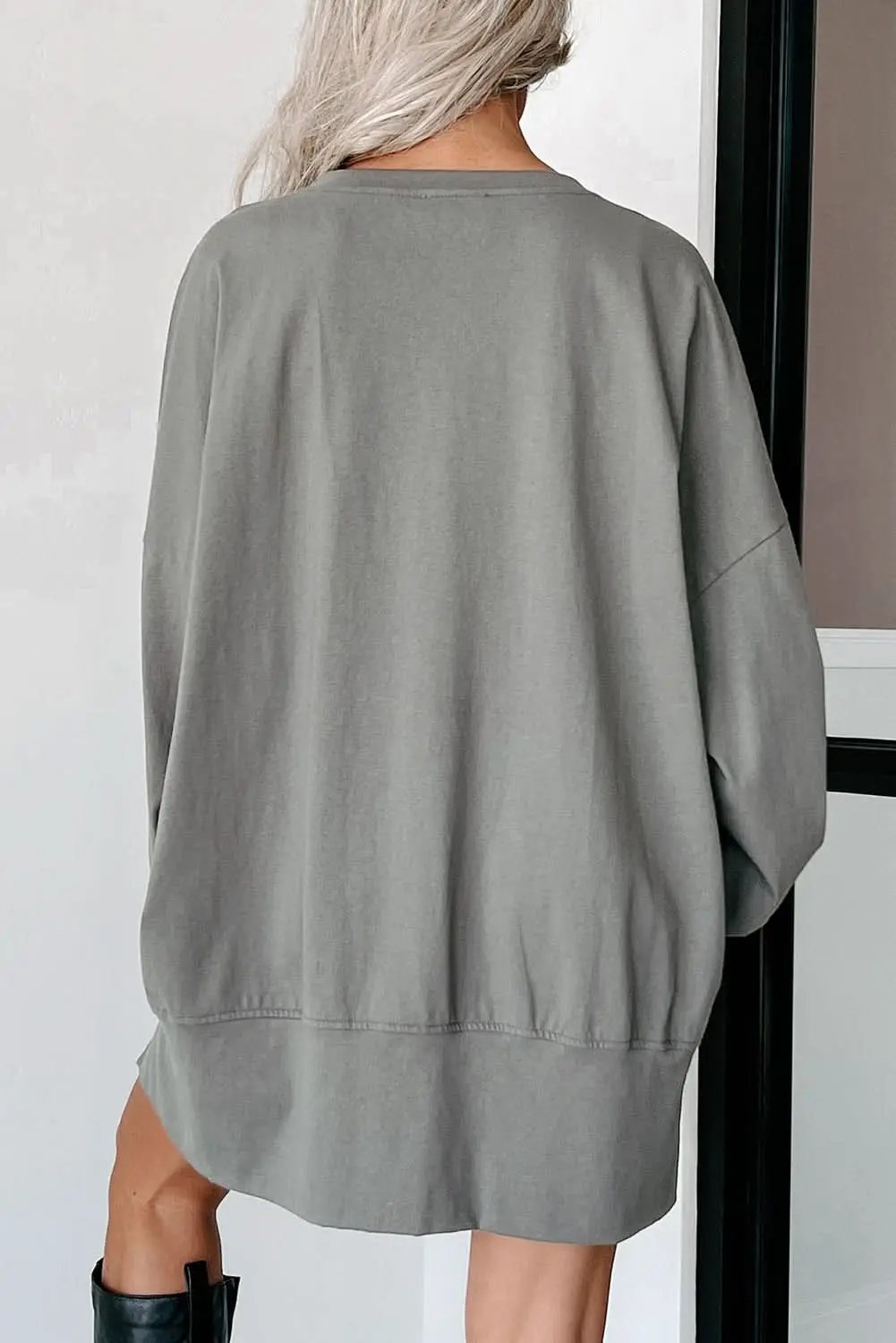 Medium Grey Sequin Happy Halloween Graphic Notched Neck Long Sleeve Loose Top - Love Salve 
