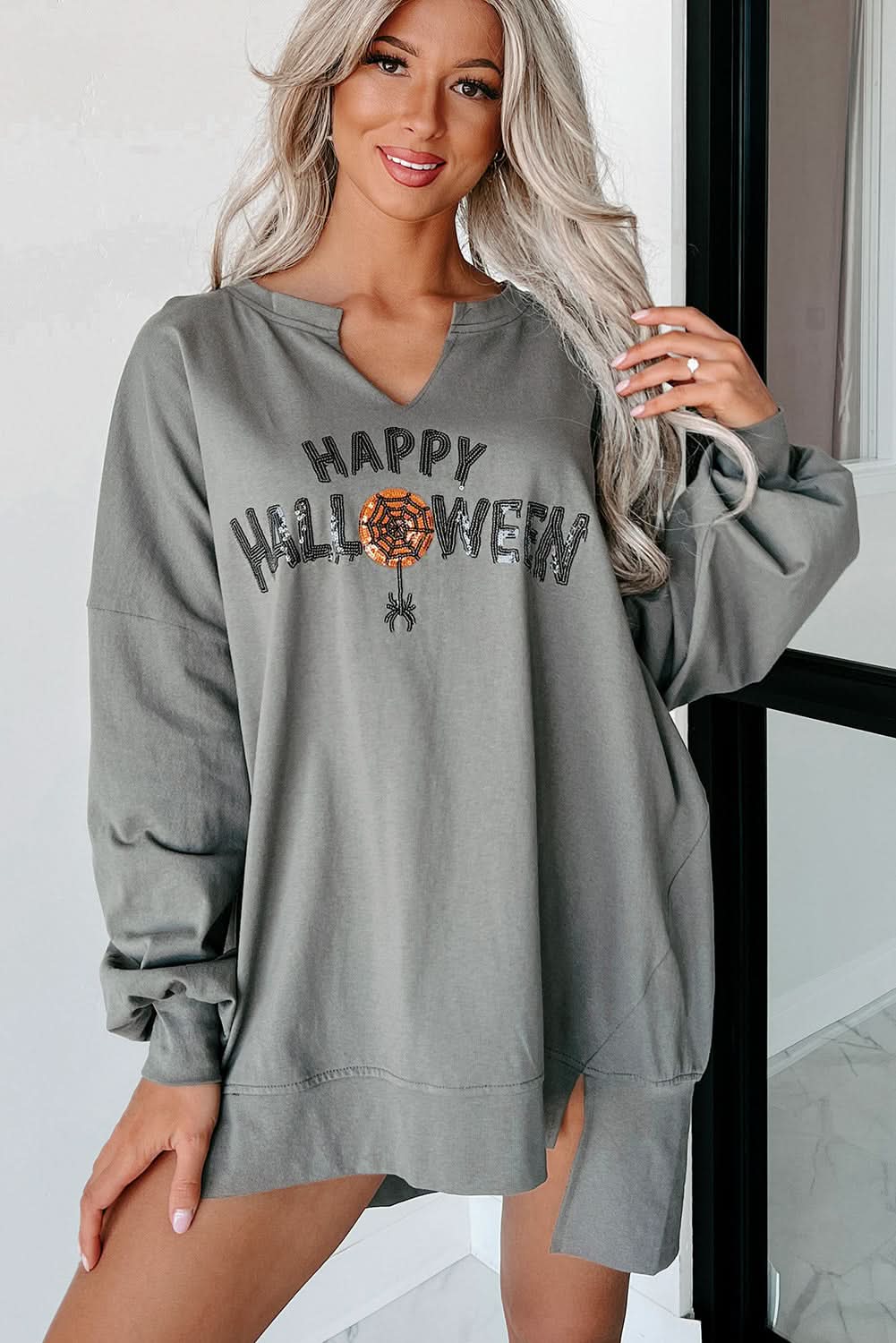 Medium Grey Sequin Happy Halloween Graphic Notched Neck Long Sleeve Loose Top - Love Salve 
