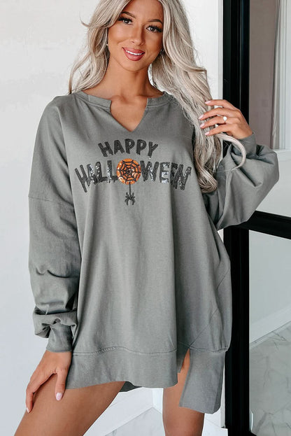 Medium Grey Sequin Happy Halloween Graphic Notched Neck Long Sleeve Loose Top - Love Salve 