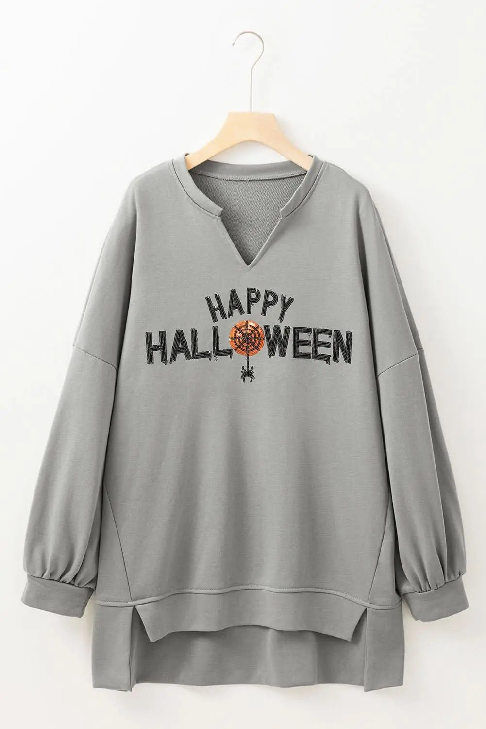 Medium Grey Sequin Happy Halloween Graphic Notched Neck Long Sleeve Loose Top - Love Salve 