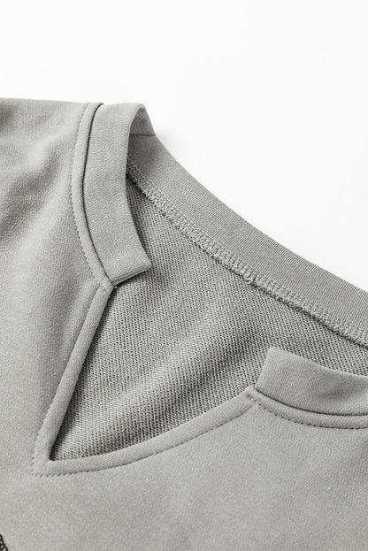 Medium Grey Sequin Happy Halloween Graphic Notched Neck Long Sleeve Loose Top - Love Salve 