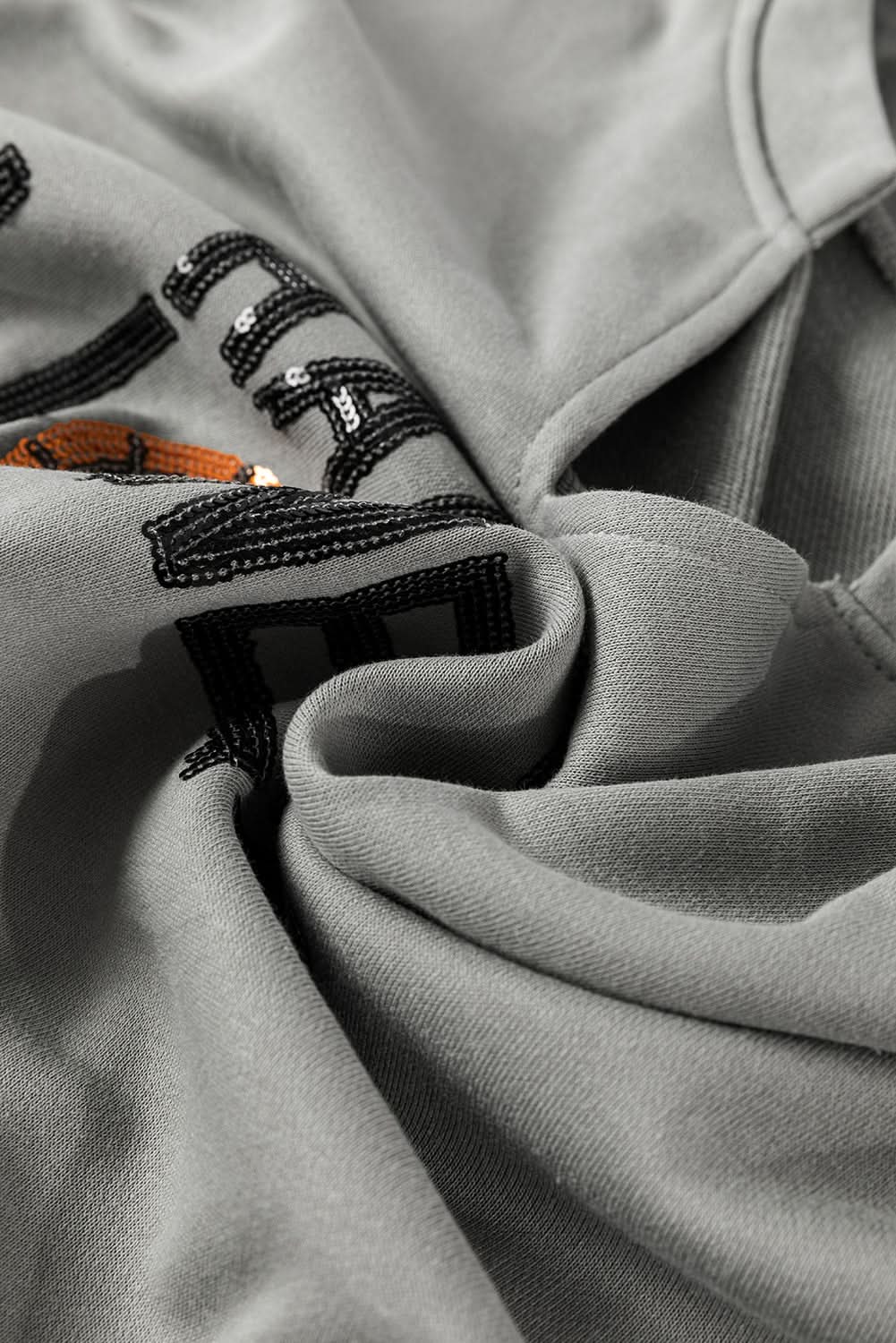 Medium Grey Sequin Happy Halloween Graphic Notched Neck Long Sleeve Loose Top - Love Salve 