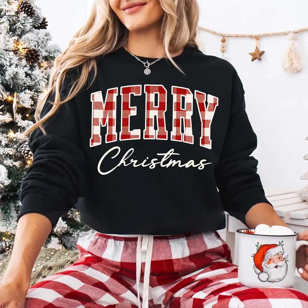 Merry Christmas Sweatshirt - Buffalo Plaid Crewneck Adorb Custom Tees