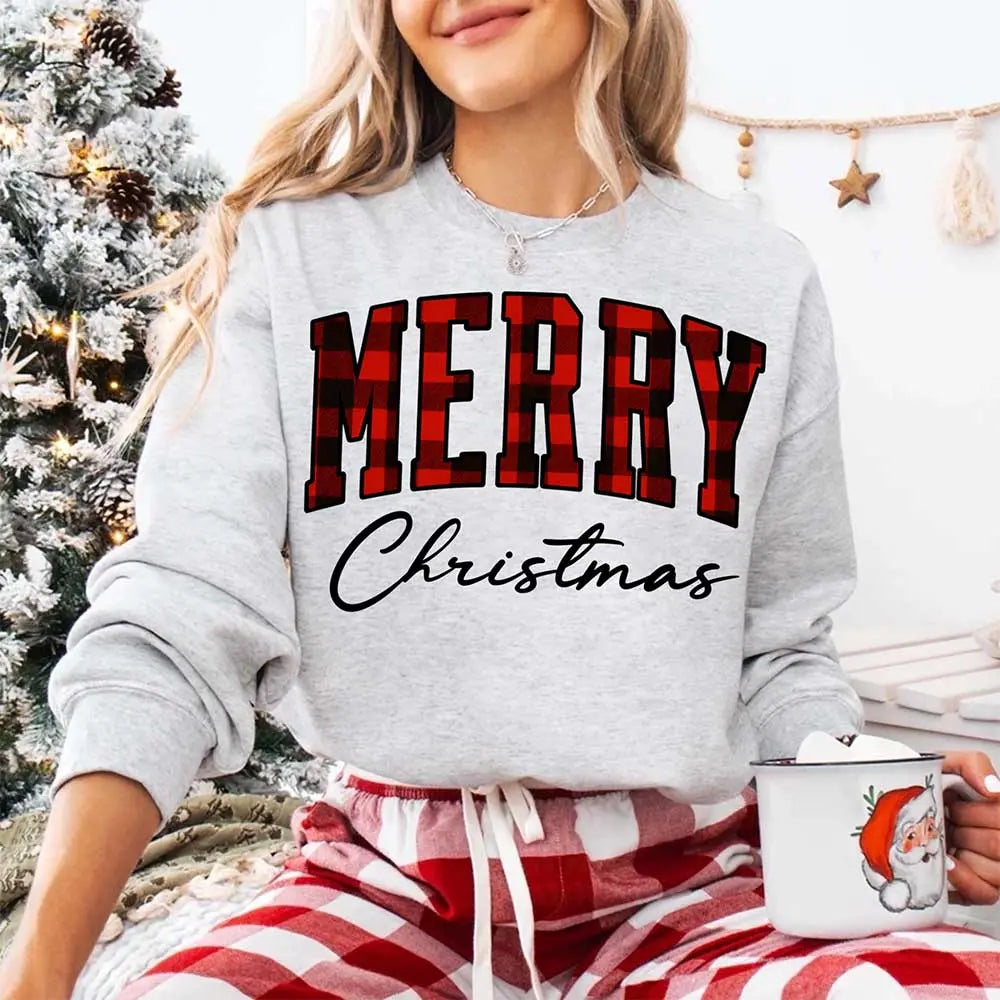 Merry Christmas Sweatshirt - Buffalo Plaid Crewneck Adorb Custom Tees
