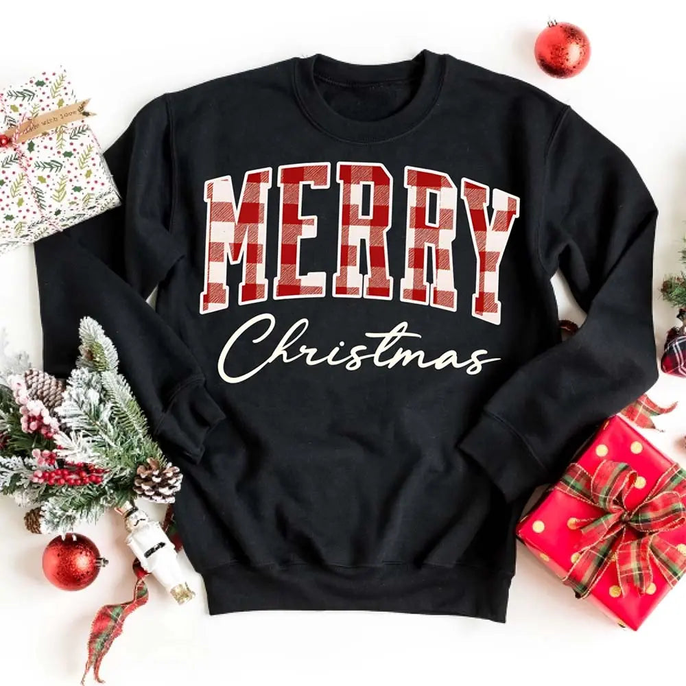 Merry Christmas Sweatshirt - Buffalo Plaid Crewneck Adorb Custom Tees