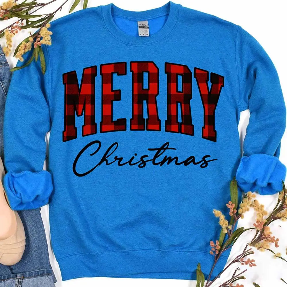Merry Christmas Sweatshirt - Buffalo Plaid Crewneck Adorb Custom Tees