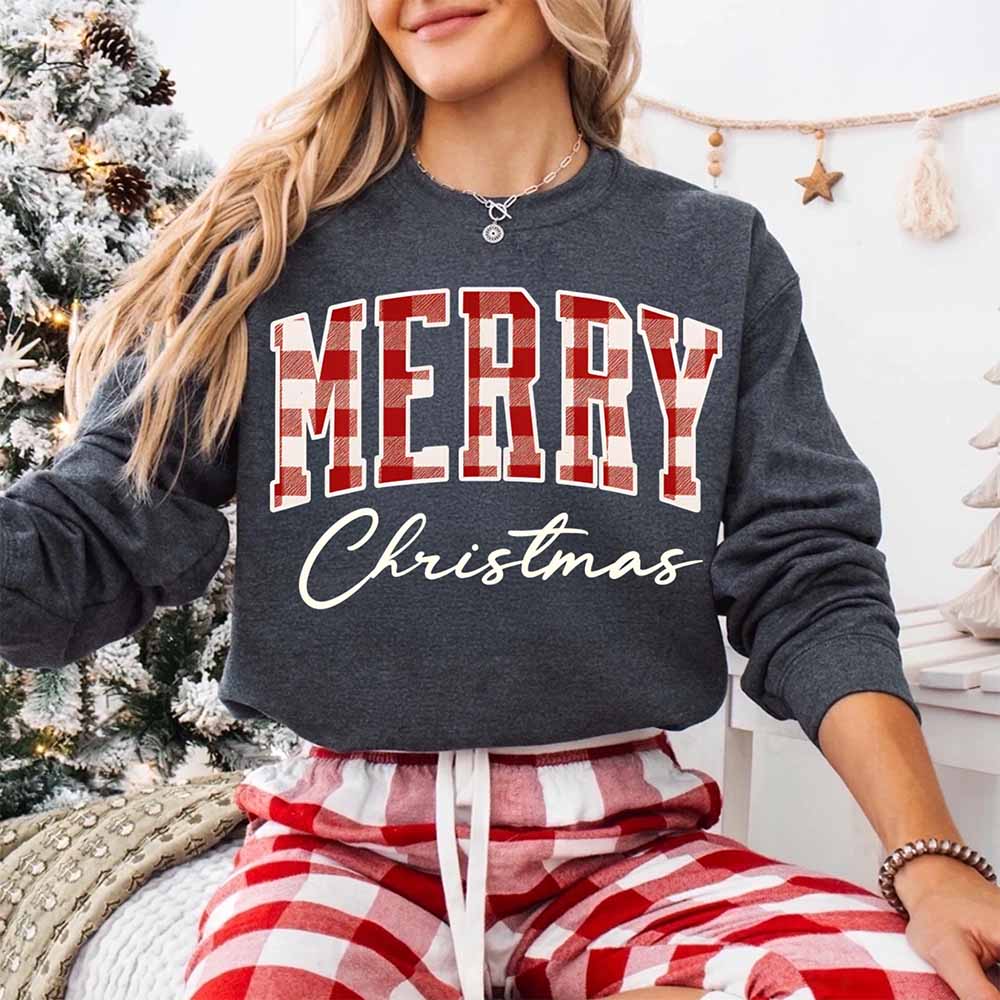 Merry Christmas Sweatshirt - Buffalo Plaid Crewneck Adorb Custom Tees